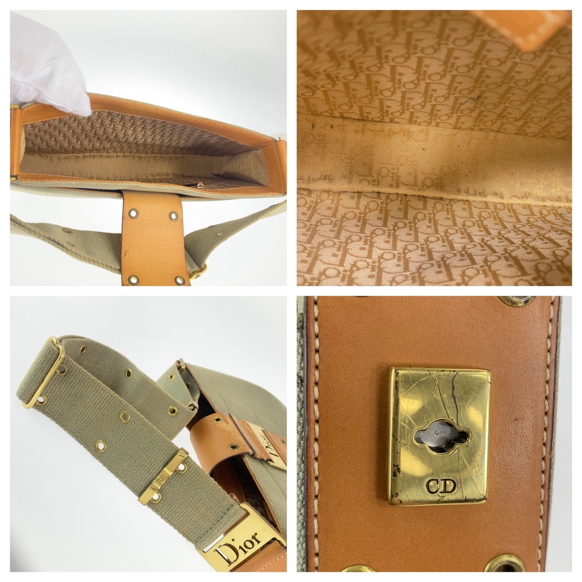 Christian Dior クリスチャンディオール ヴィンテージ ストリートシック カーキ ブラウン ゴールド金具 キャンバス / レザー MA-0032 ショルダーバッグ レディース B89