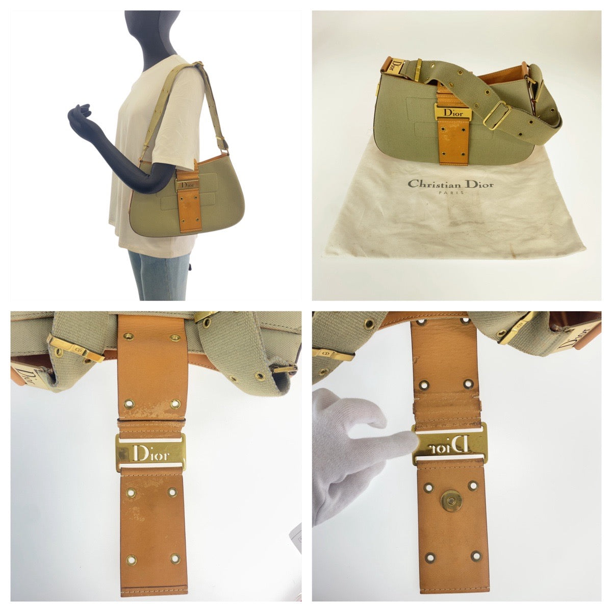 Christian Dior クリスチャンディオール ヴィンテージ ストリートシック カーキ ブラウン ゴールド金具 キャンバス / レザー MA-0032 ショルダーバッグ レディース B89