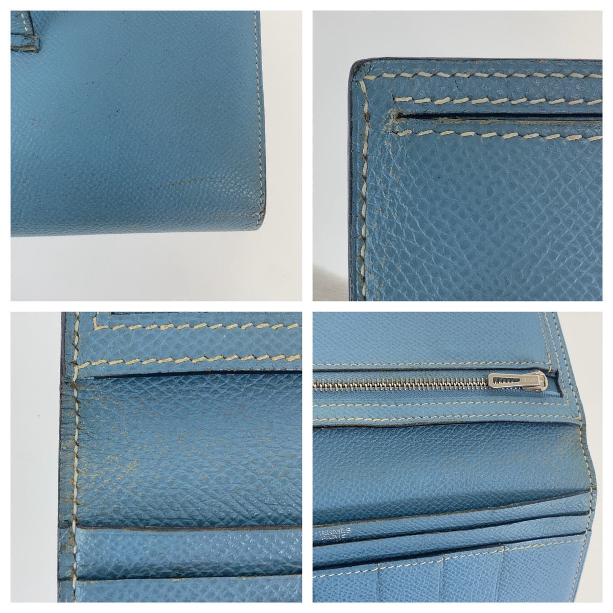 HERMES エルメス べアン ブルージーン 水色 ゴールド金具 ヴォーエプソン 三つ折り 長財布 ロングウォレット I刻印 メンズ B31