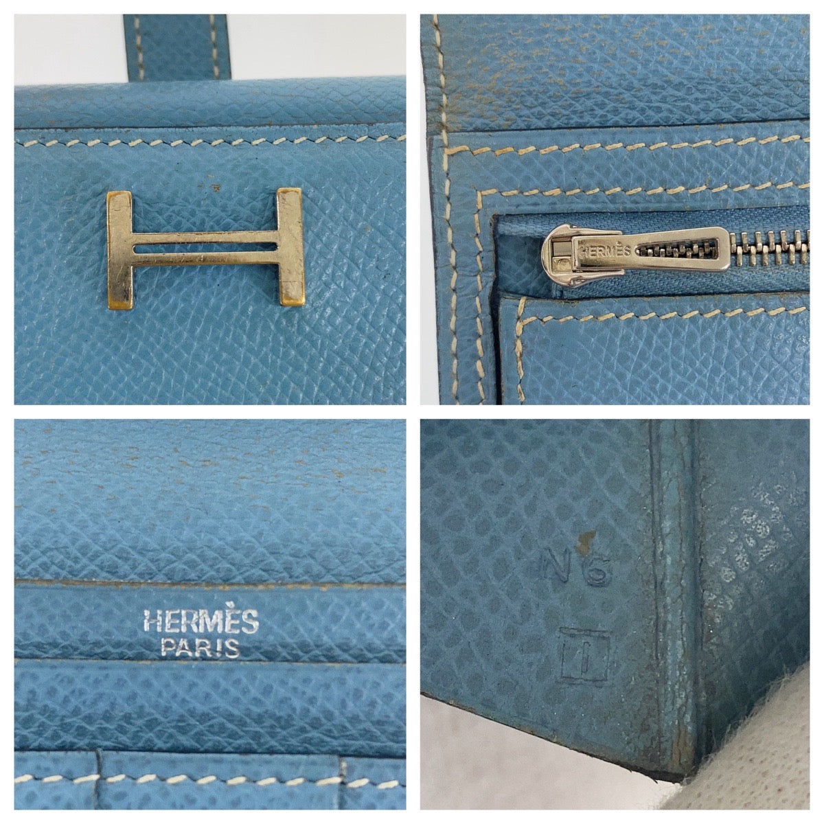 HERMES エルメス べアン ブルージーン 水色 ゴールド金具 ヴォーエプソン 三つ折り 長財布 ロングウォレット I刻印 メンズ B31