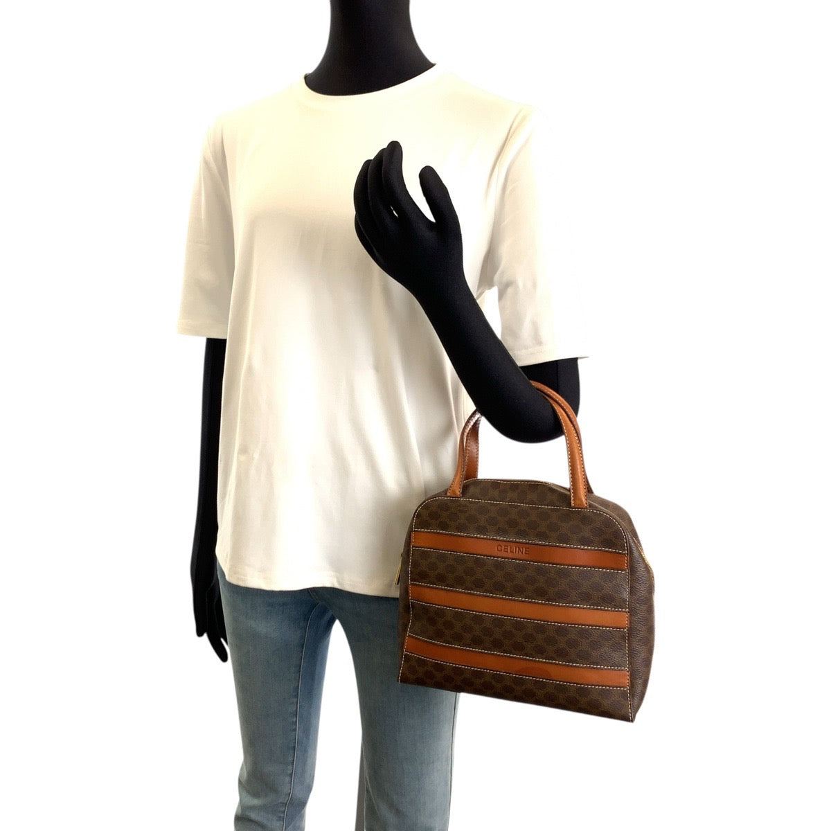 CELINE セリーヌ ヴィンテージ マカダム ブラウン ゴールド金具 PVC / レザー M95 ハンドバッグ レディース AB31