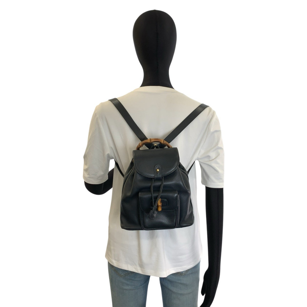 GUCCI グッチ ヴィンテージ バンブー ブラック 黒 ゴールド金具 レザー 003 58 0030 リュックサック バックパック レディース B22