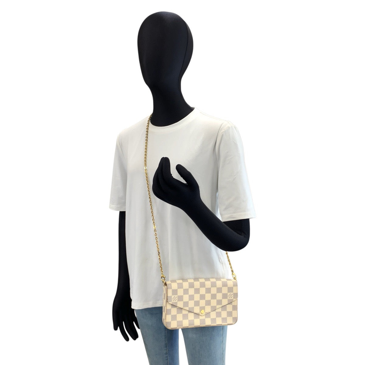 LOUIS VUITTON ルイ ヴィトン ダミエアズール ポシェット フェリシー ホワイト グレー ゴールド金具 PVC N63106 ショルダーバッグ チェーンウォレット レディース AB118