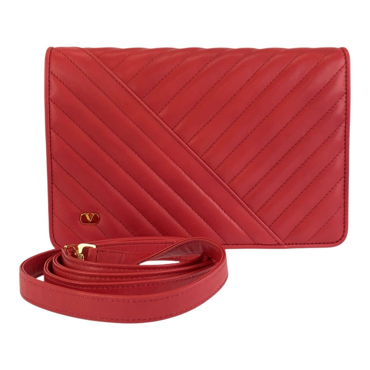 Valentino Garavani ヴァレンティノ ガラヴァーニ キルティング レッド ゴールド金具 レザー ショルダーバッグ ポシェット レディース ABP20