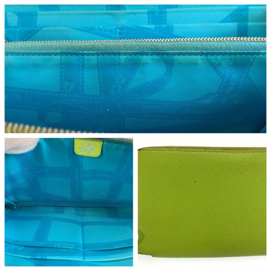 HERMES エルメス アザップロングシルクイン グリーン ブルー シルバー金具 ヴォーエプソン 長財布 ロングウォレット □O刻印 レディース B30