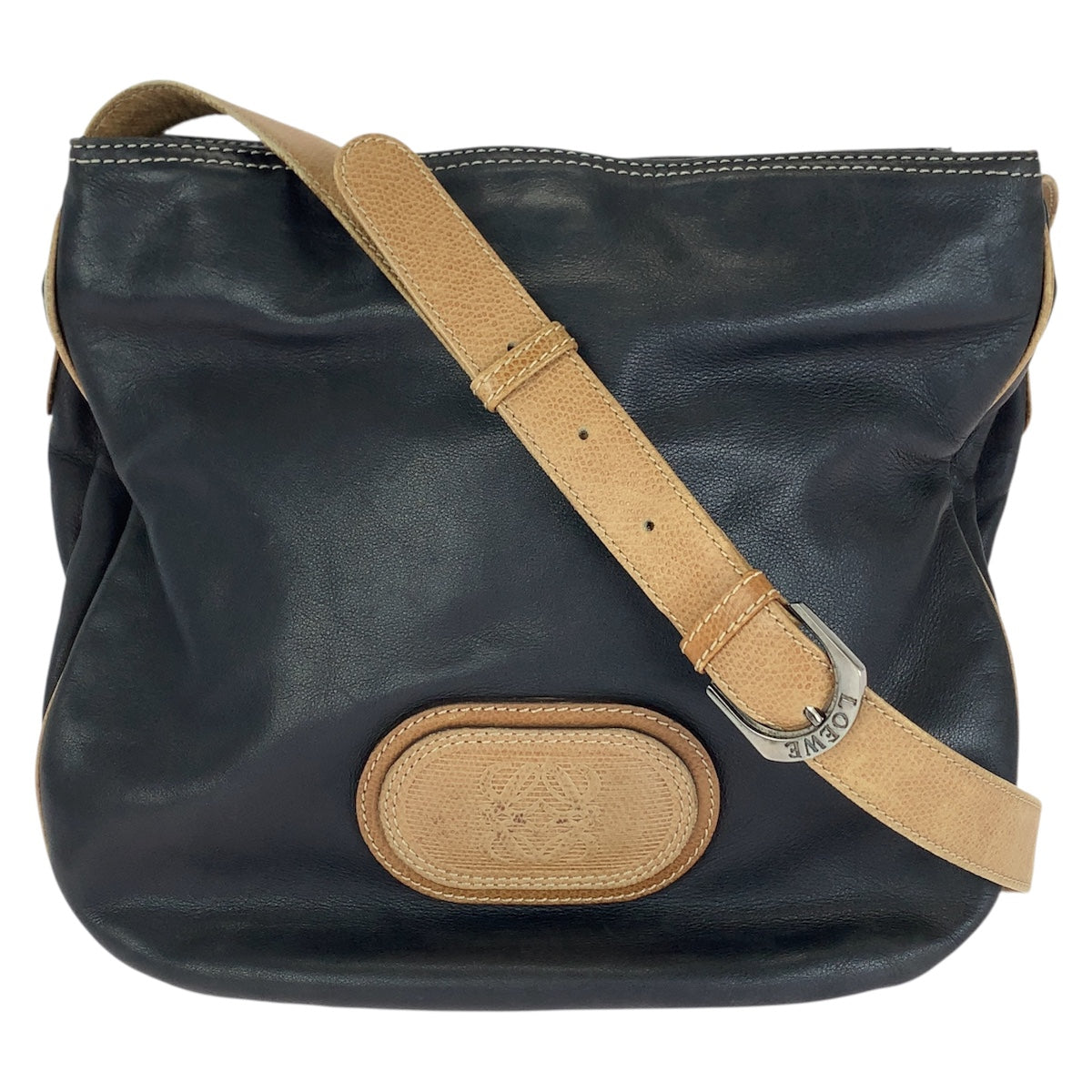 LOEWE ロエベ ヴィンテージ アナグラム ブラック ブラウン シルバー金具 レザー ショルダーバッグ レディース B18