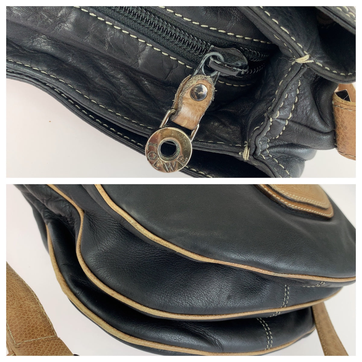 LOEWE ロエベ ヴィンテージ アナグラム ブラック ブラウン シルバー金具 レザー ショルダーバッグ レディース B18