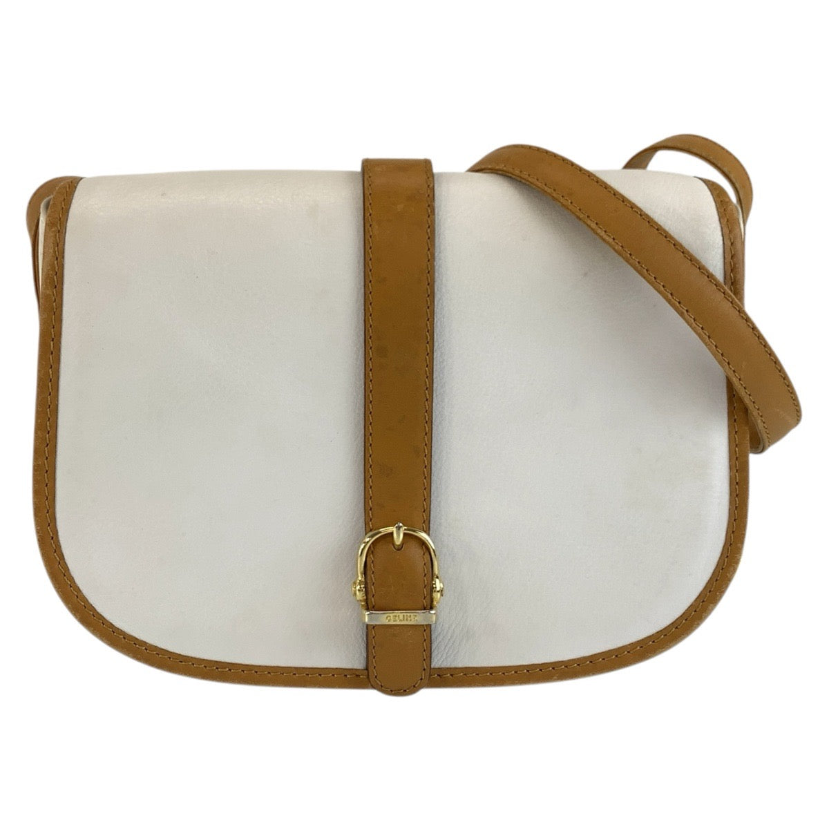 CELINE セリーヌ ヴィンテージ ホワイト ブラウン ゴールド金具 レザー M06 ショルダーバッグ ポシェット レディース B18