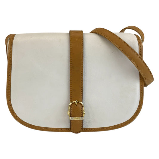 CELINE セリーヌ ヴィンテージ ホワイト ブラウン ゴールド金具 レザー M06 ショルダーバッグ ポシェット レディース B18