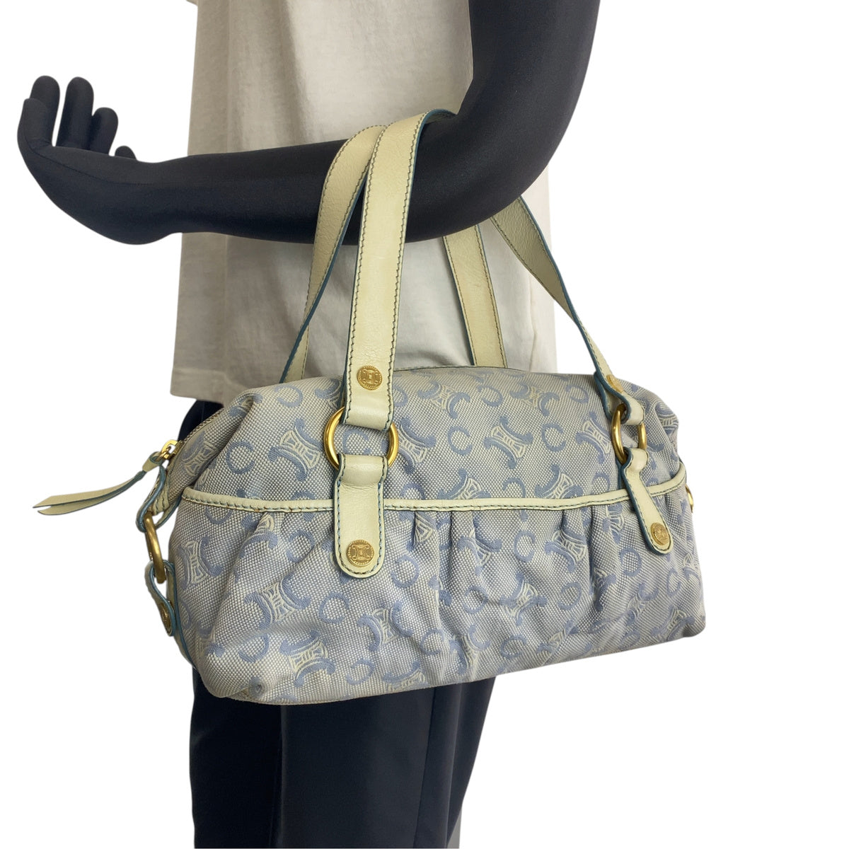 CELINE セリーヌ ヴィンテージ マカダム ブルー オフホワイト キャンバス / レザー ハンドバッグ ショルダーバッグ ボストンバッグ レディース B17