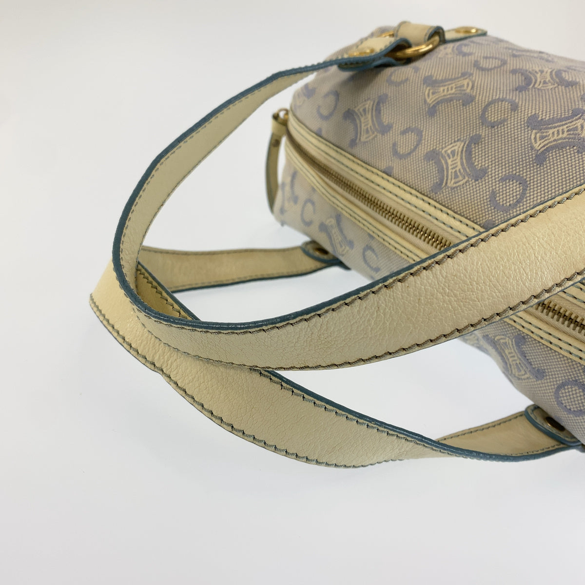 CELINE セリーヌ ヴィンテージ マカダム ブルー オフホワイト キャンバス / レザー ハンドバッグ ショルダーバッグ ボストンバッグ レディース B17