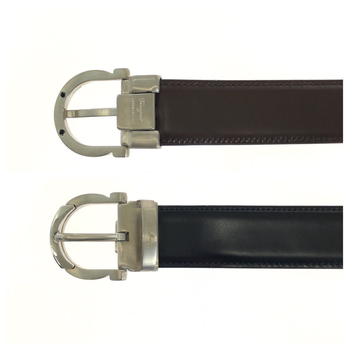 Salvatore Ferragamo サルヴァトーレフェラガモ ガンチーニ リバーシブル ベルト サイズ115 ブラウン ブラック シルバー金具 レザー / 真鍮 ベルト メンズ A17