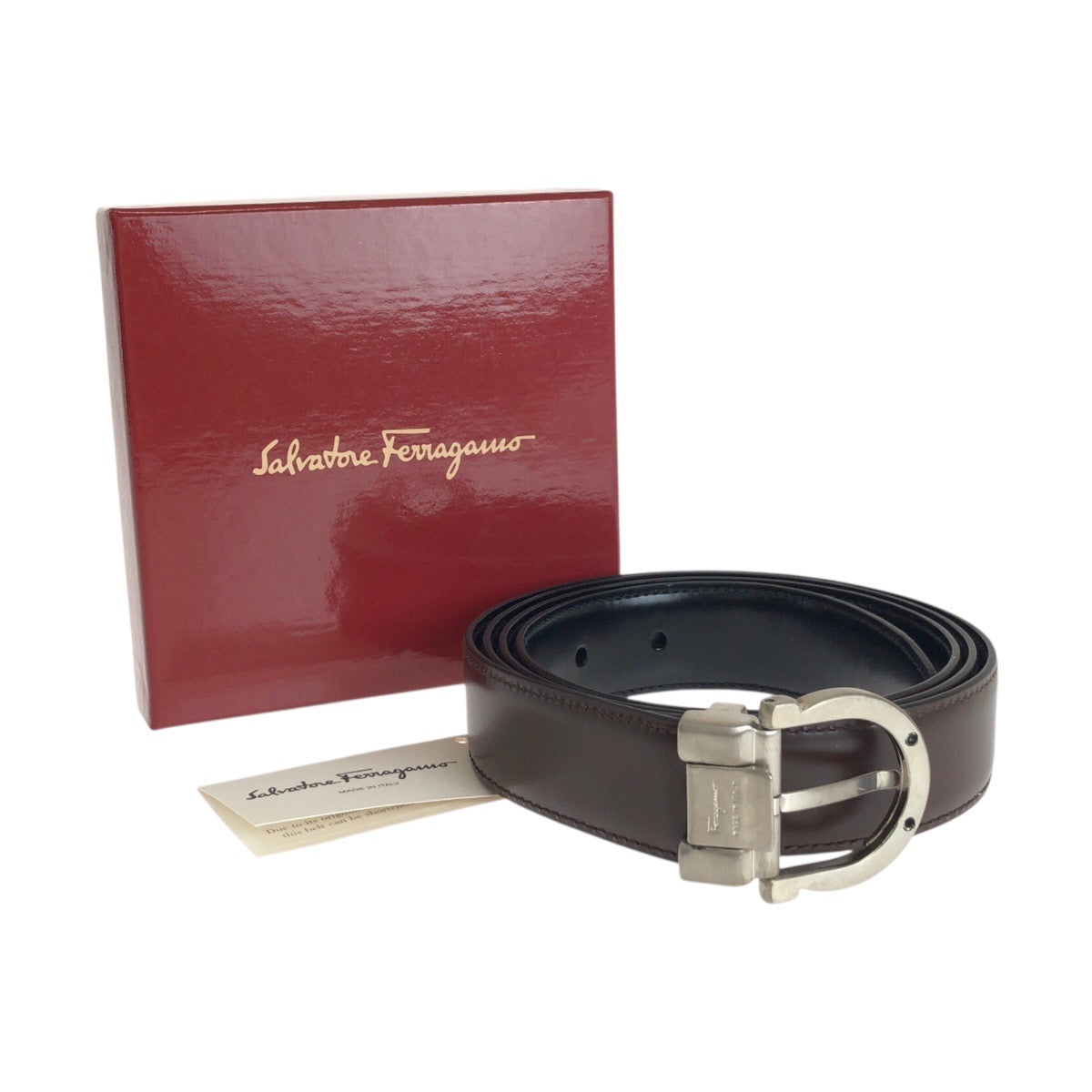 Salvatore Ferragamo サルヴァトーレフェラガモ ガンチーニ リバーシブル ベルト サイズ115 ブラウン ブラック シルバー金具 レザー / 真鍮 ベルト メンズ A17