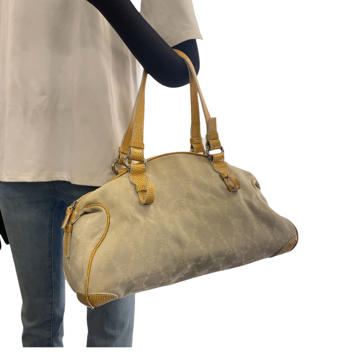 CELINE セリーヌ ヴィンテージ マカダム トリオンフ イエロー ベージュ キャンバス / レザー ハンドバッグ ショルダーバッグ ボストンバッグ レディース AB18