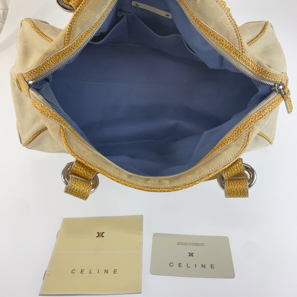 CELINE セリーヌ ヴィンテージ マカダム トリオンフ イエロー ベージュ キャンバス / レザー ハンドバッグ ショルダーバッグ ボストンバッグ レディース AB18
