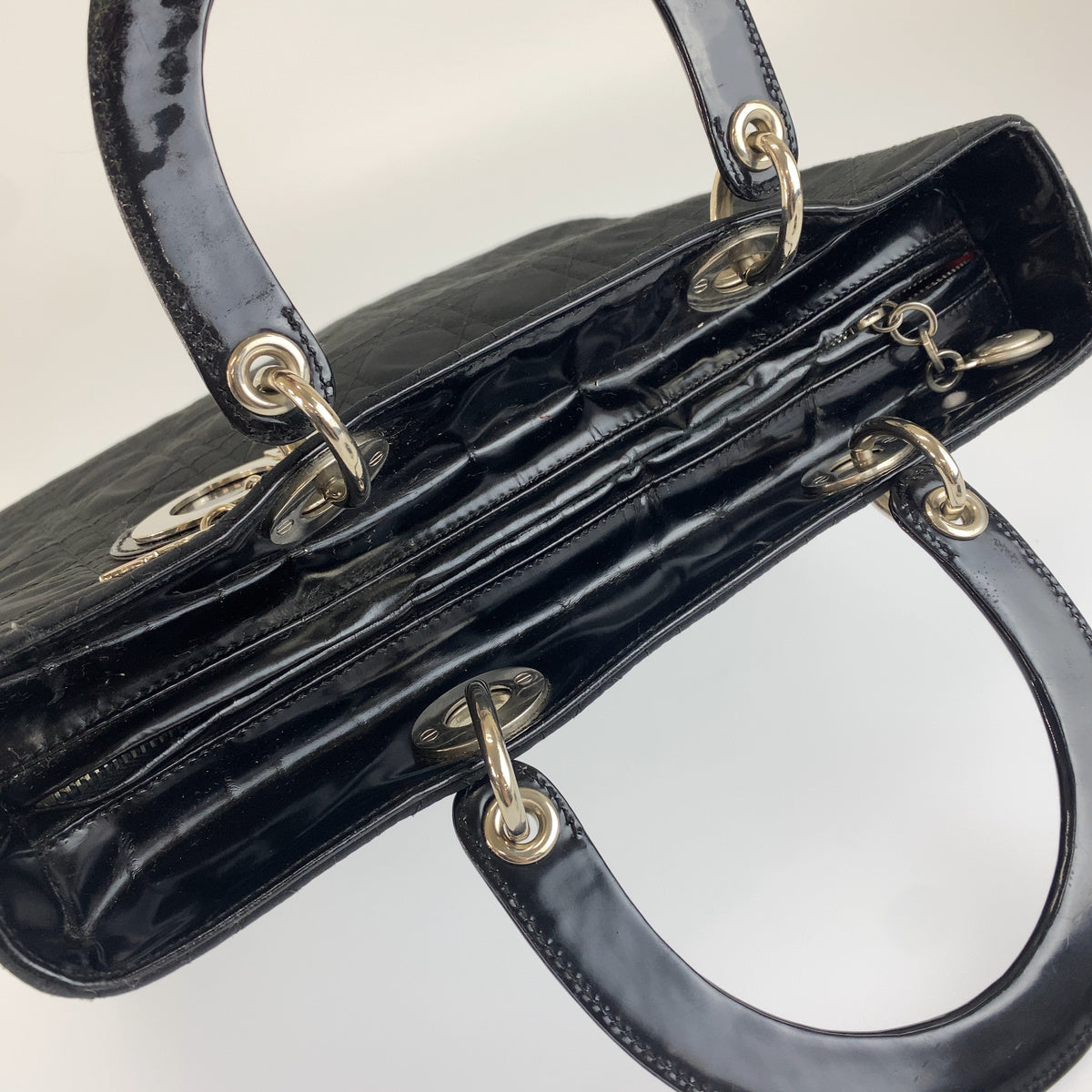 Dior ディオール ヴィンテージ カナージュ レディディオール ブラック キャンバス / パテントレザー ハンドバッグ ショルダーバッグ レディース AB95
