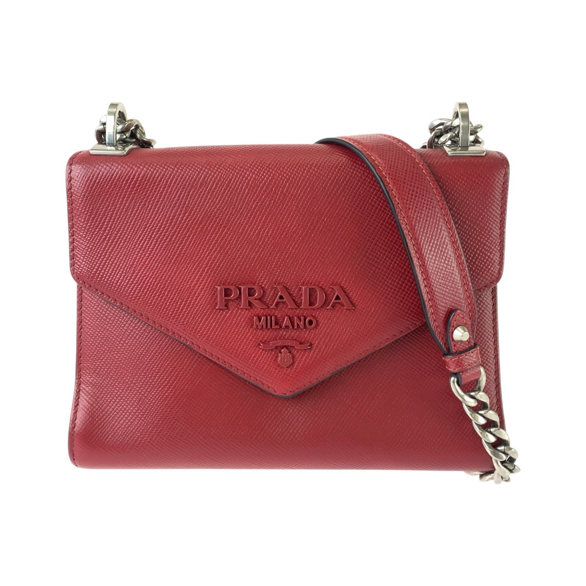 PRADA プラダ サフィアーノ レッド シルバー金具 レザー チェーンショルダーバッグ ポシェット レディース ABP87