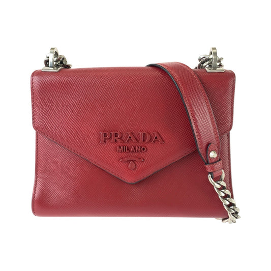 PRADA プラダ サフィアーノ レッド シルバー金具 レザー チェーンショルダーバッグ ポシェット レディース ABP87
