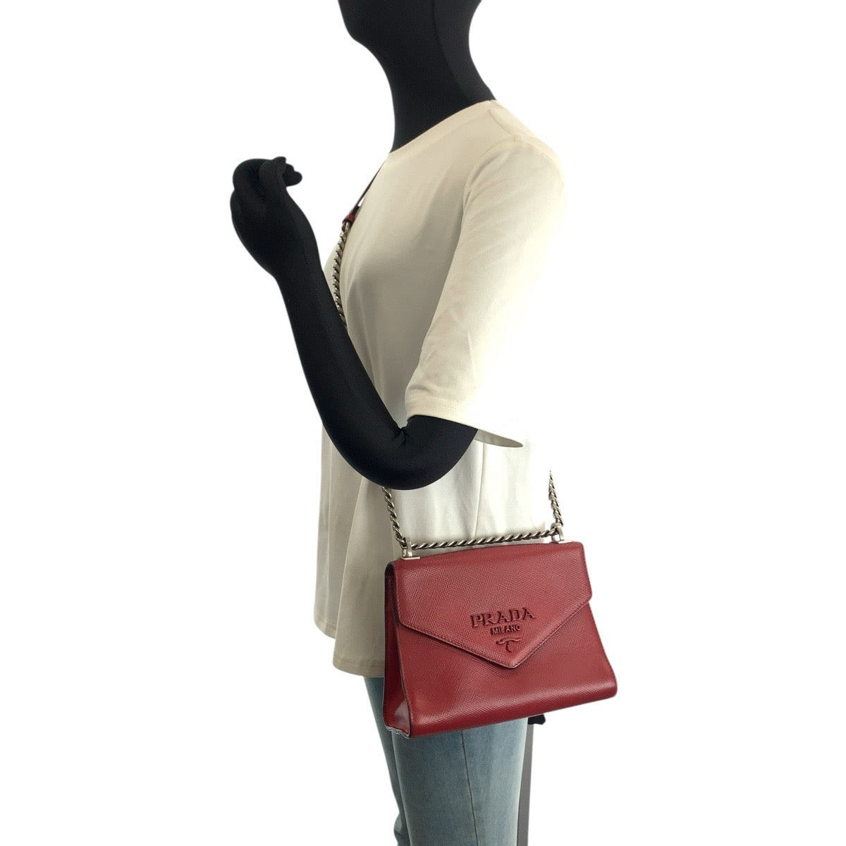 PRADA プラダ サフィアーノ レッド シルバー金具 レザー チェーンショルダーバッグ ポシェット レディース ABP87