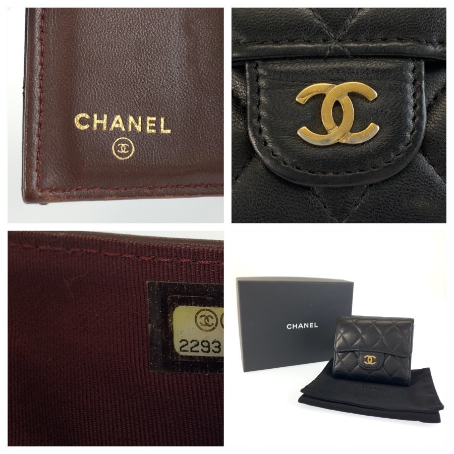 CHANEL シャネル マトラッセ ブラック 黒 ゴールド金具 レザー 三つ折り財布 折財布 コンパクトウォレット レディース AB70