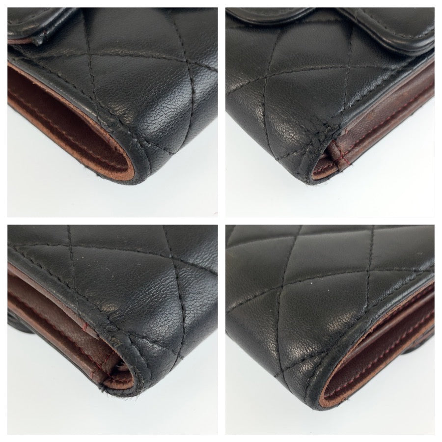 CHANEL シャネル マトラッセ ブラック 黒 ゴールド金具 レザー 三つ折り財布 折財布 コンパクトウォレット レディース AB70