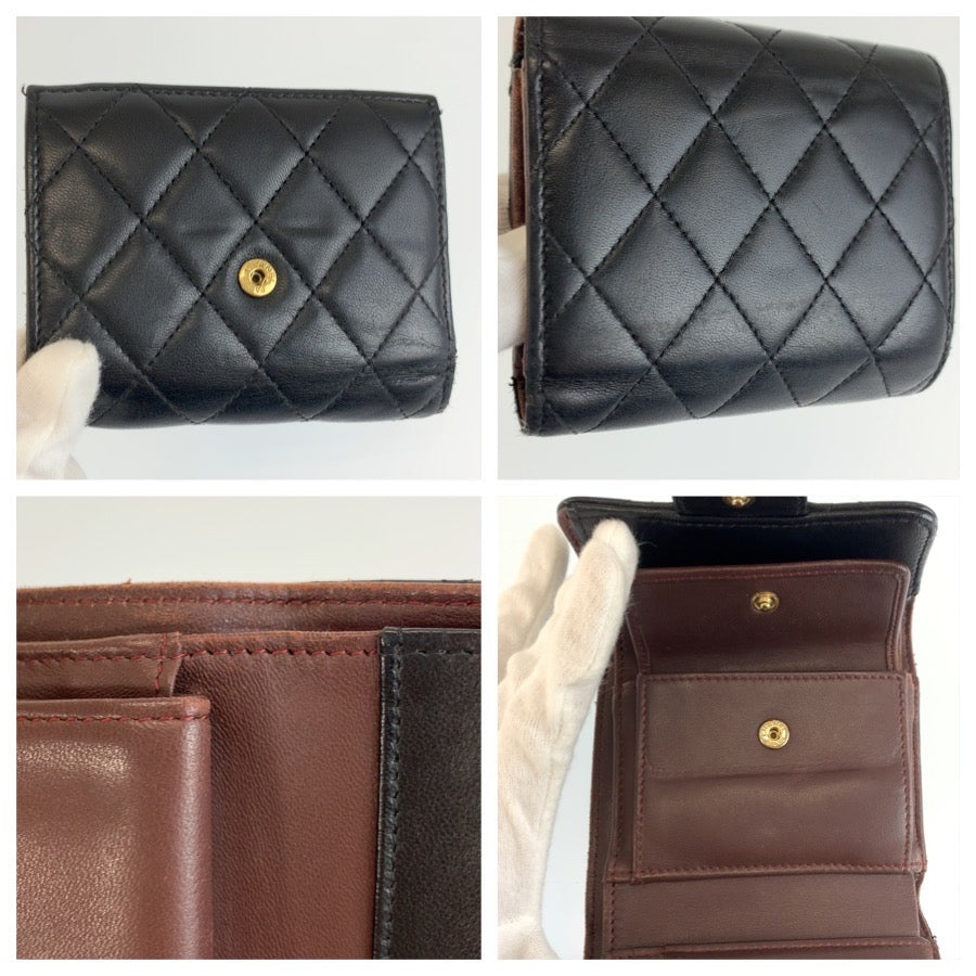 CHANEL シャネル マトラッセ ブラック 黒 ゴールド金具 レザー 三つ折り財布 折財布 コンパクトウォレット レディース AB70