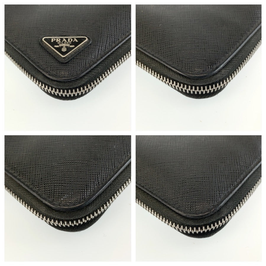 PRADA プラダ サフィアーノ 三角ロゴプレート ブラック 黒 シルバー金具 レザー 長財布 ロングウォレット メンズ AB28