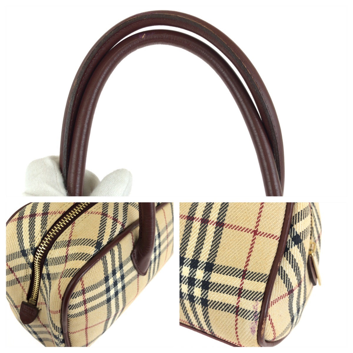 BURBERRY BLUE LABEL バーバリーブルーレーベル チェック柄 ベージュ ブラウン ゴールド金具 キャンバス / レザー ZA426-115 トートバッグ ミニボストンバッグ レディース AB14