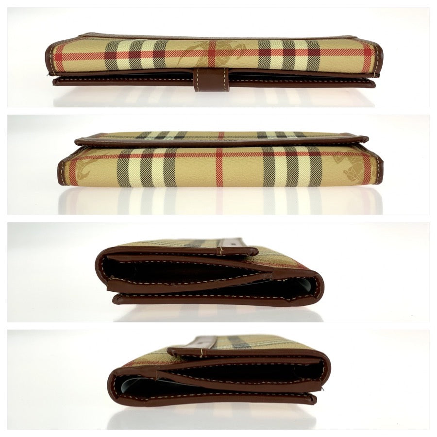 BURBERRY バーバリー チェック柄 ベージュ ブラウン ゴールド金具 PVC / レザー 長財布 ロングウォレット レディース ABP16