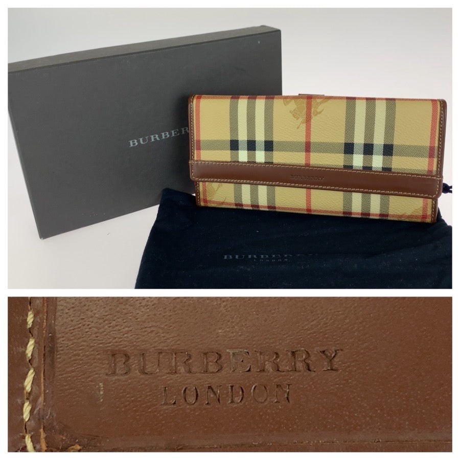 BURBERRY バーバリー チェック柄 ベージュ ブラウン ゴールド金具 PVC / レザー 長財布 ロングウォレット レディース ABP16