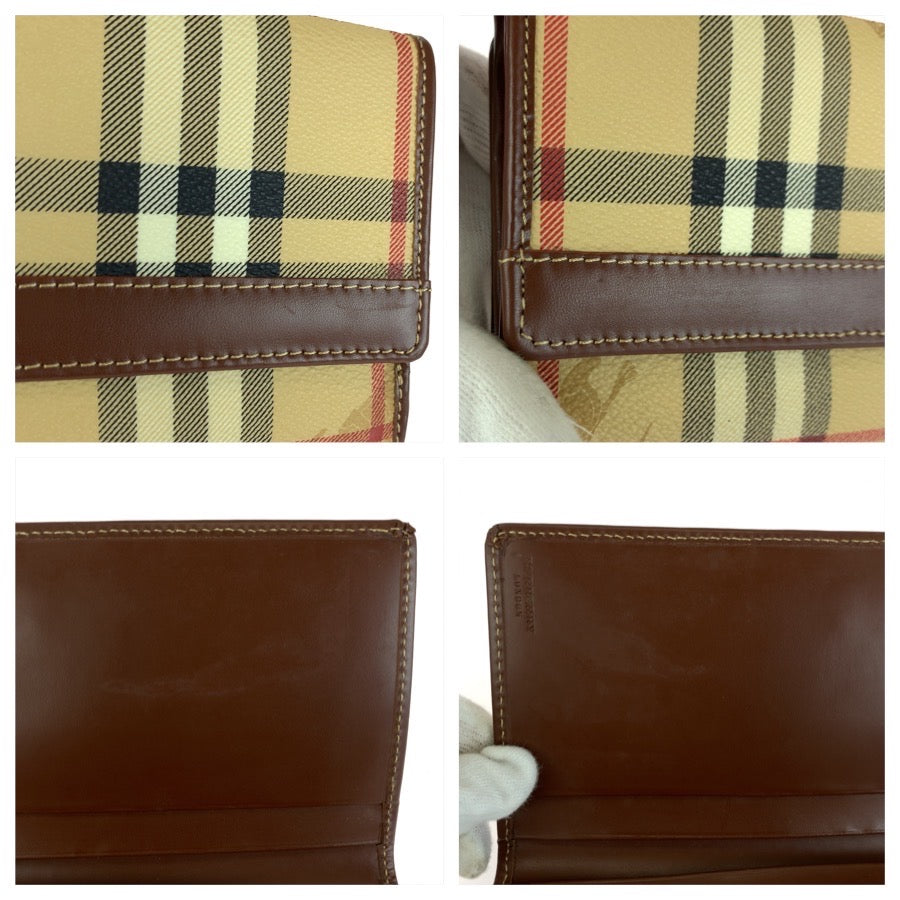 BURBERRY バーバリー チェック柄 ベージュ ブラウン ゴールド金具 PVC / レザー 長財布 ロングウォレット レディース ABP16
