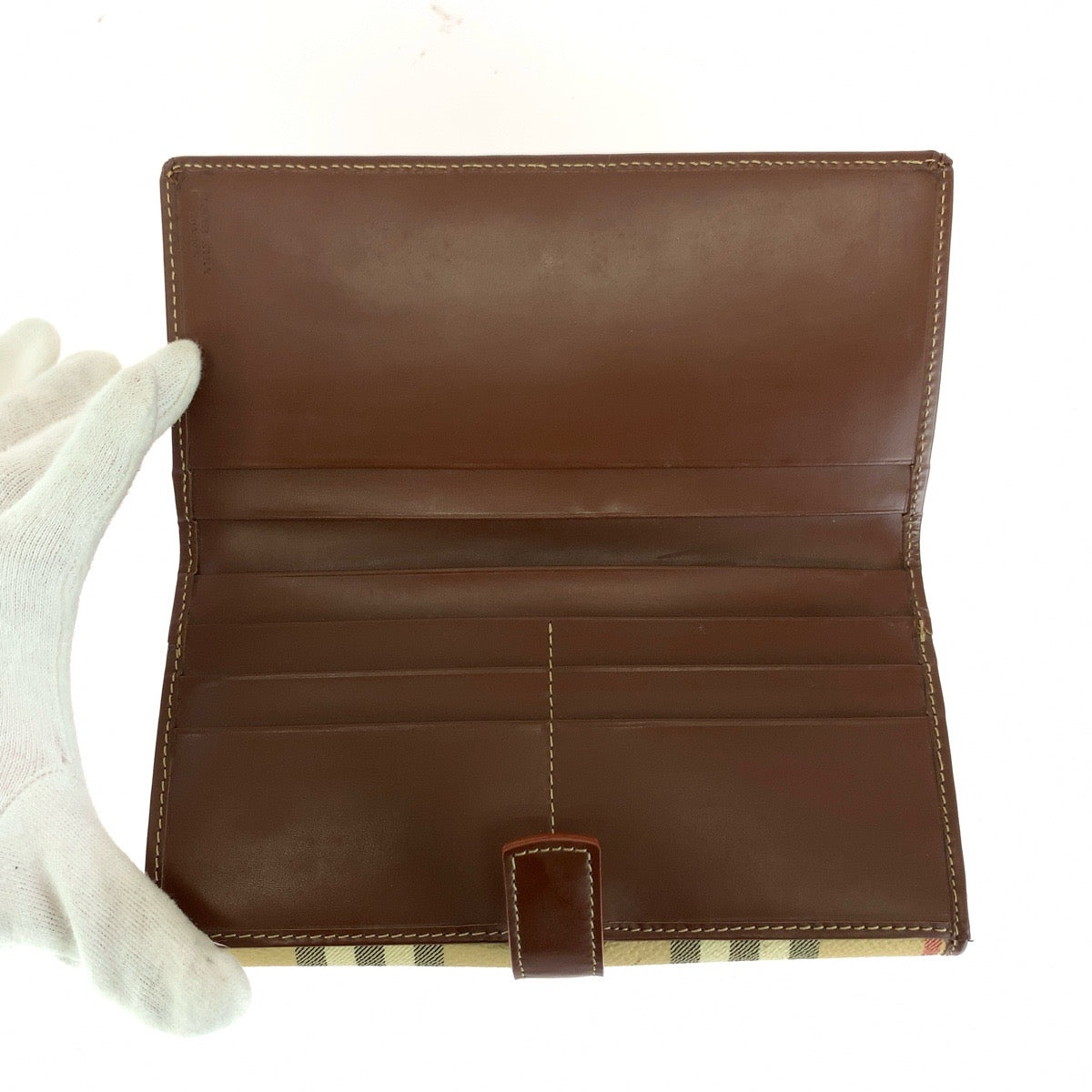 BURBERRY バーバリー チェック柄 ベージュ ブラウン ゴールド金具 PVC / レザー 長財布 ロングウォレット レディース ABP16