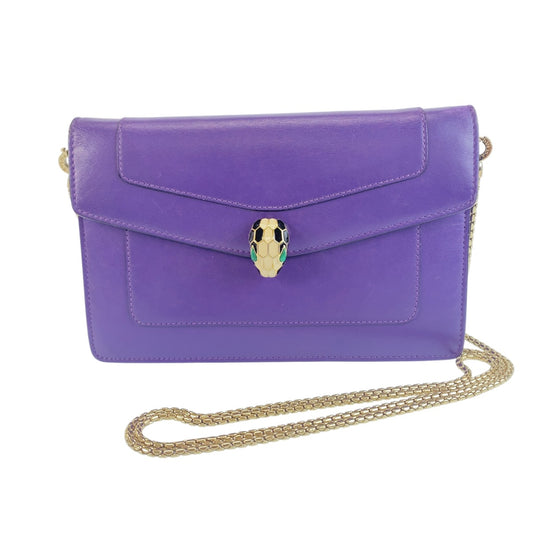 BVLGARI ブルガリ セルペンティ フォーエバー パープル ゴールド レザー ショルダーバッグ チェーンウォレット レディース ABP70