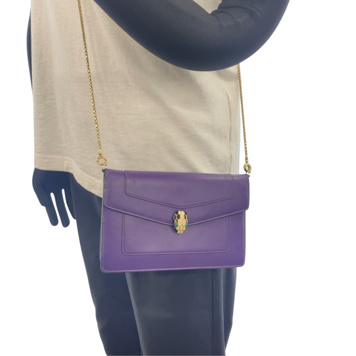 BVLGARI ブルガリ セルペンティ フォーエバー パープル ゴールド レザー ショルダーバッグ チェーンウォレット レディース ABP70