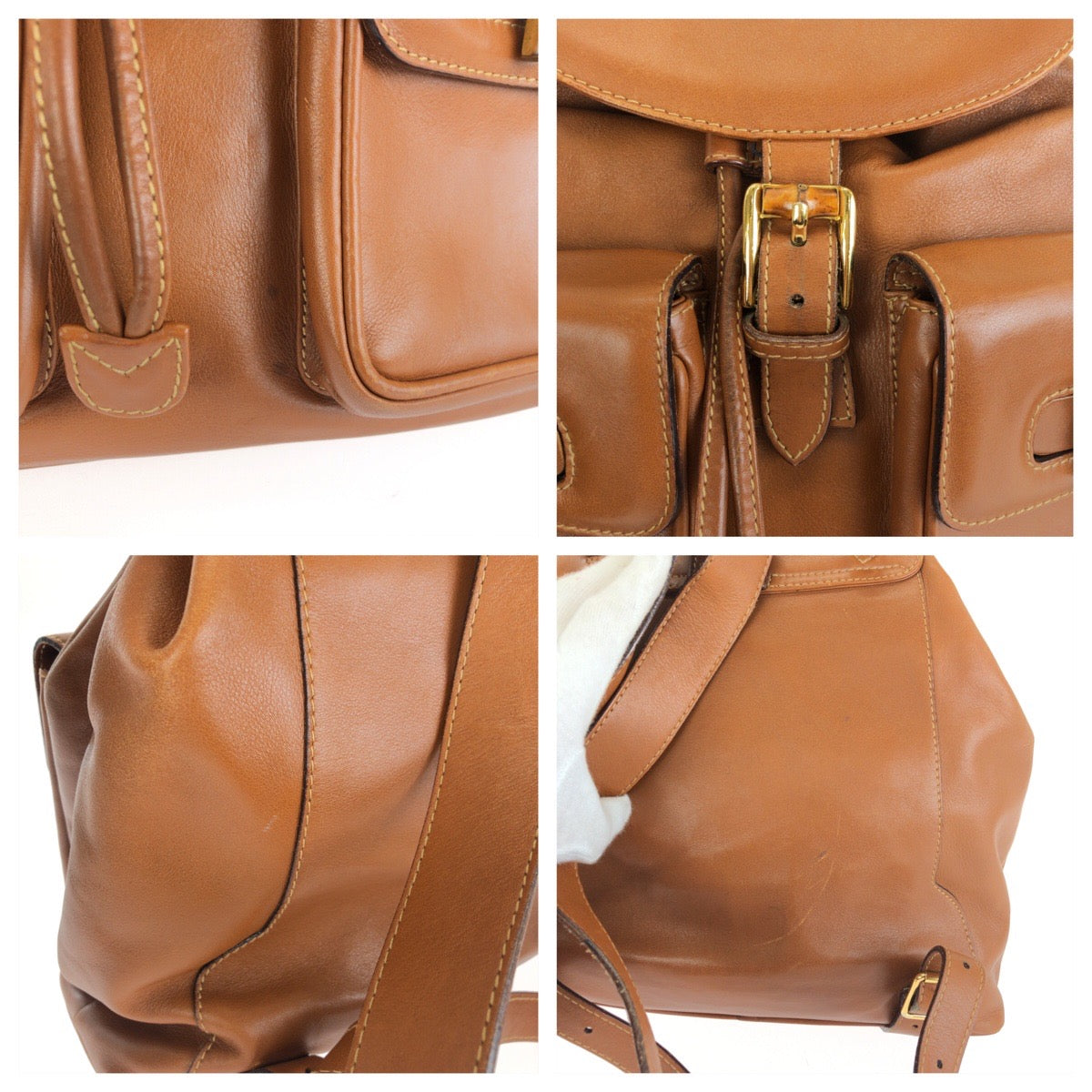 GUCCI グッチ ヴィンテージ バンブー ブラウン ゴールド金具 レザー 003.2050.0016 リュックサック バックパック レディース AB