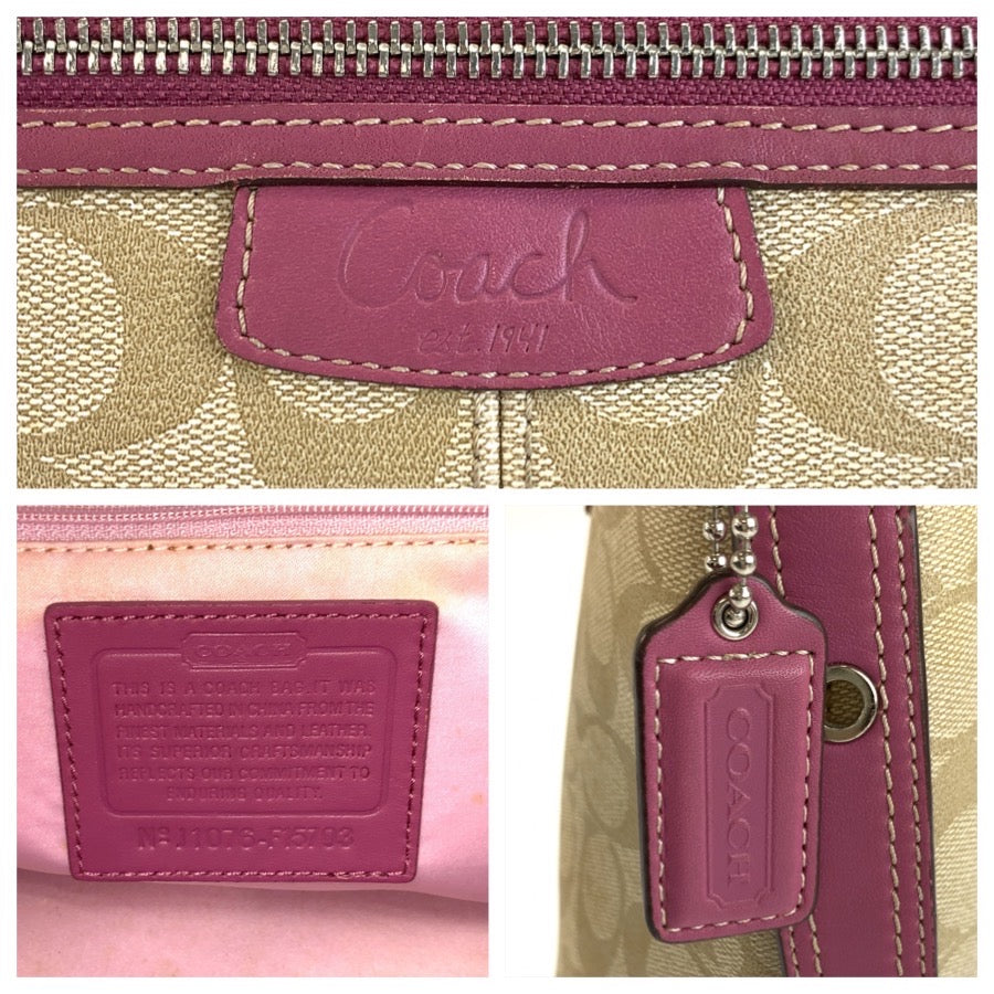 COACH コーチ シグネチャー ベージュ ピンク シルバー金具 PVC / レザー J1076 ショルダーバッグ ポシェット レディース AB