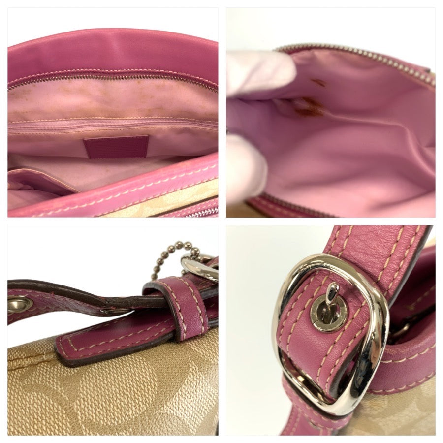 COACH コーチ シグネチャー ベージュ ピンク シルバー金具 PVC / レザー J1076 ショルダーバッグ ポシェット レディース AB