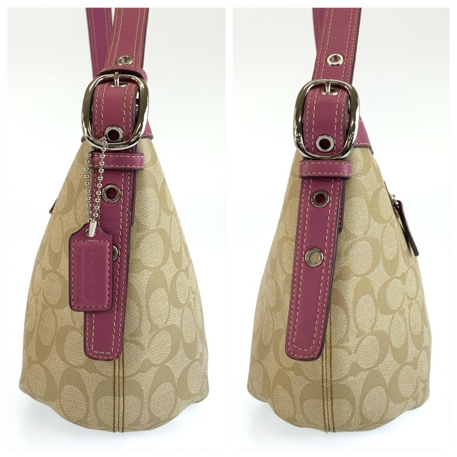 COACH コーチ シグネチャー ベージュ ピンク シルバー金具 PVC / レザー J1076 ショルダーバッグ ポシェット レディース AB