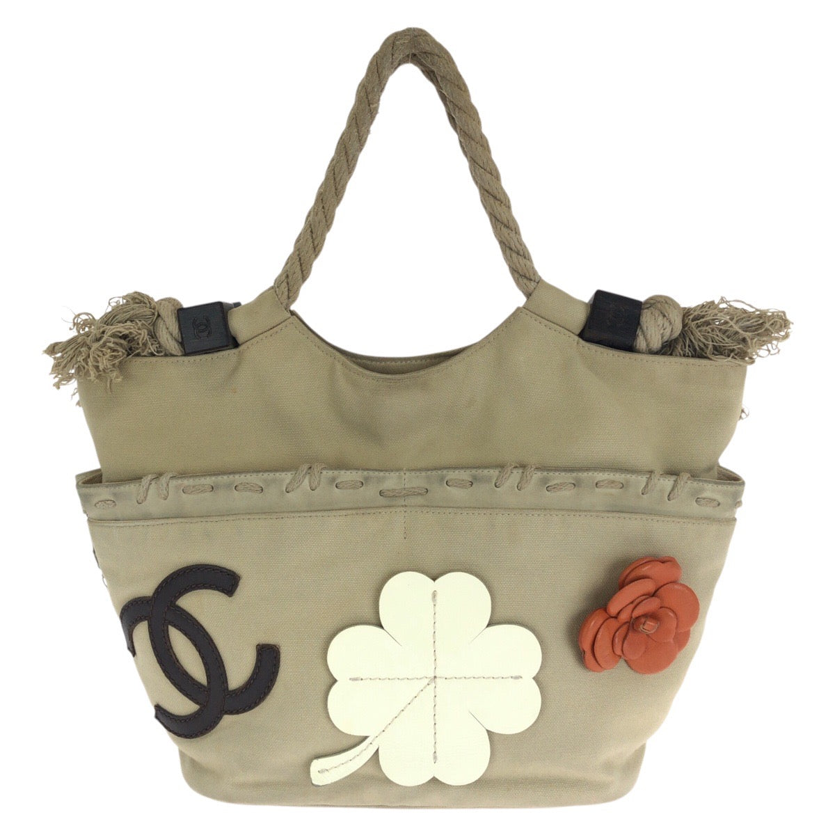 CHANEL シャネル フィッシュネット ロープ ココマーク ベージュ シルバー金具 キャンバス トートバッグ ハンドバッグ レディース B