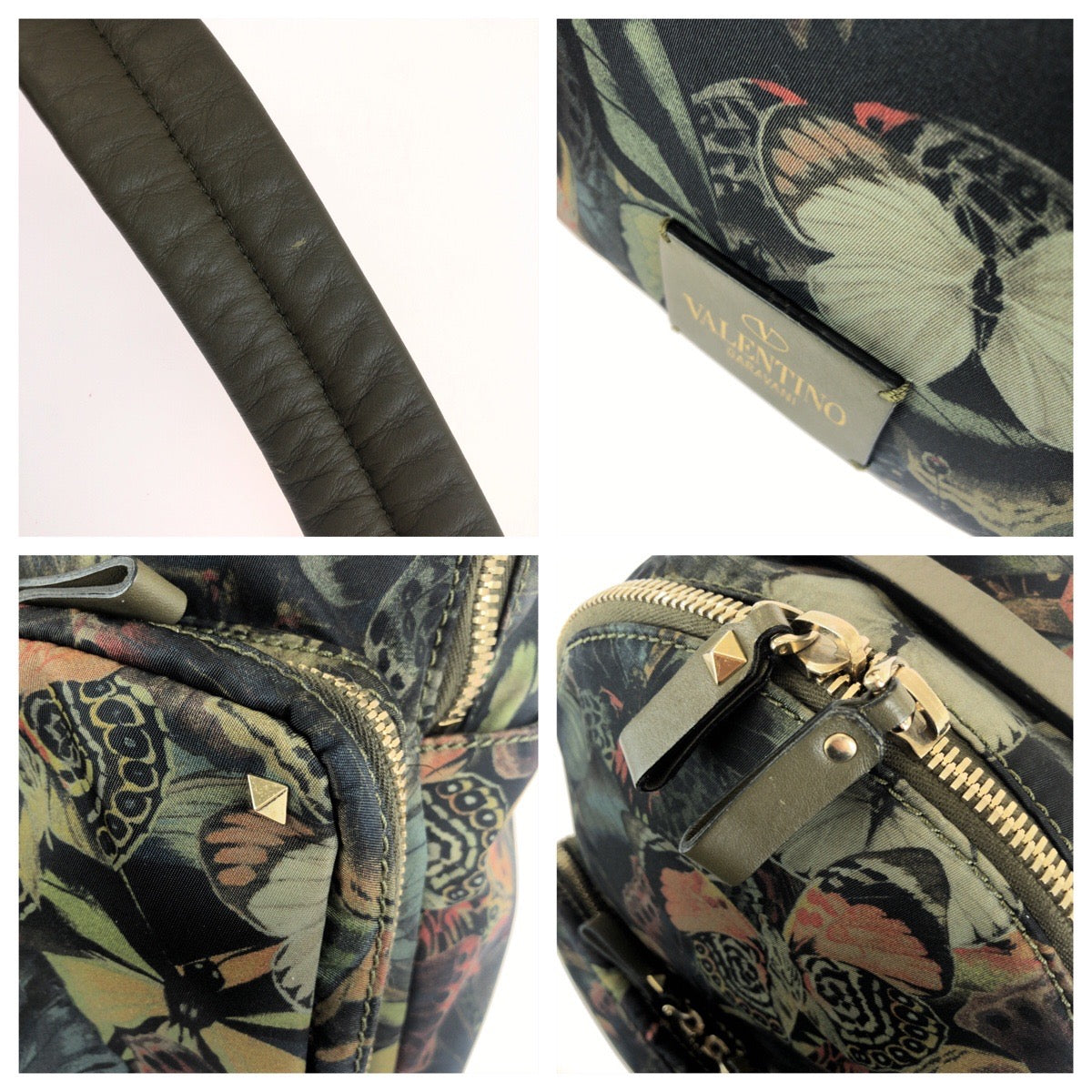 VALENTINO ヴァレンティノ カムバタフライ ロックスタッズ グリーン ゴールド金具 ナイロン / レザー リュックサック バックパック レディース ABP