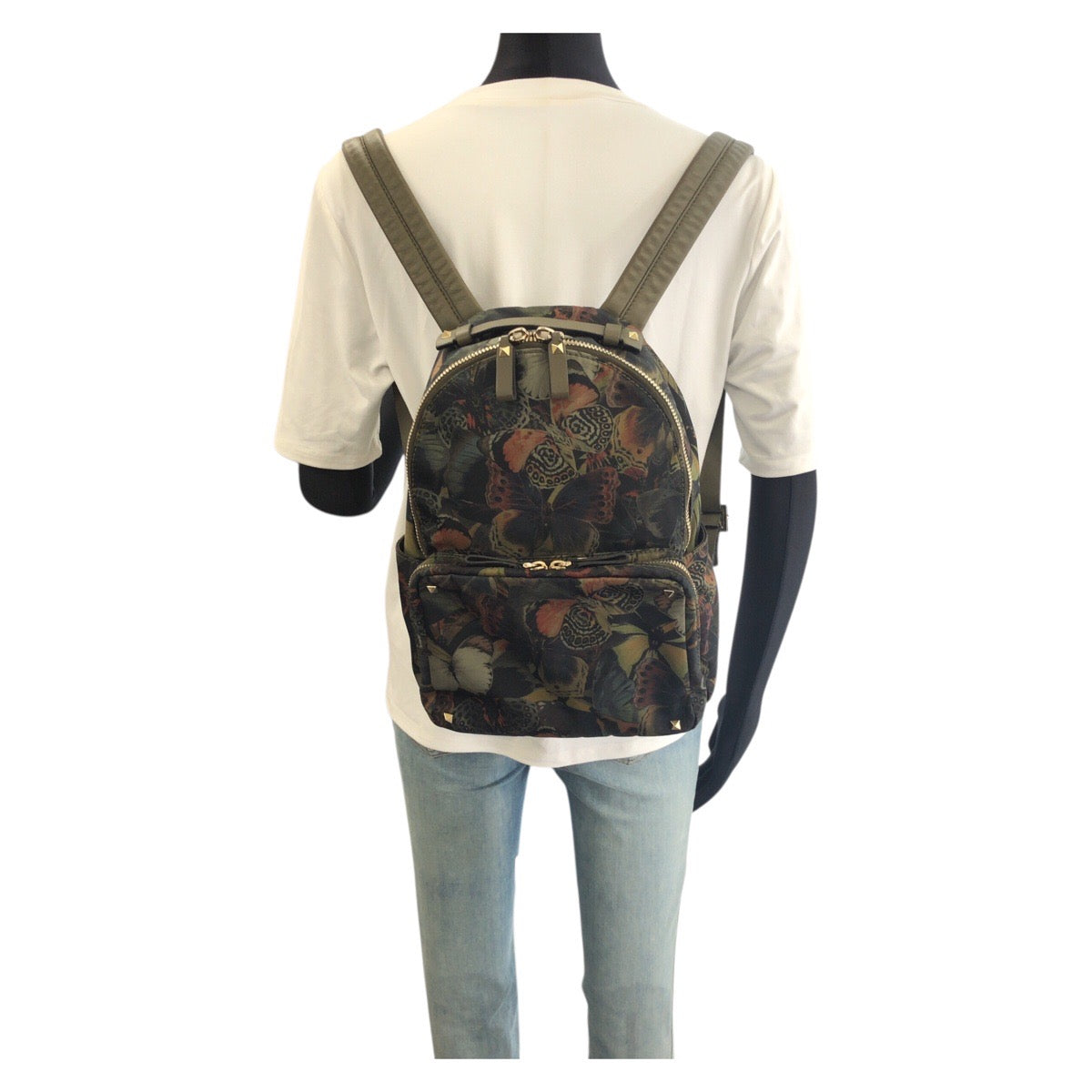 VALENTINO ヴァレンティノ カムバタフライ ロックスタッズ グリーン ゴールド金具 ナイロン / レザー リュックサック バックパック レディース ABP