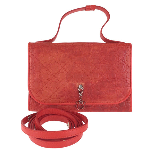 Salvatore Ferragamo サルヴァトーレフェラガモ ガンチーニ 2way チェーンウォレット レッド シルバー金具 レザー 長財布 ショルダーバッグ レディース B