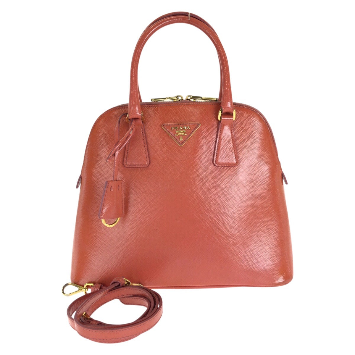 PRADA プラダ サフィアーノ 三角ロゴプレート 2way オレンジ ゴールド金具 レザー ハンドバッグ ショルダーバッグ レディース AB49