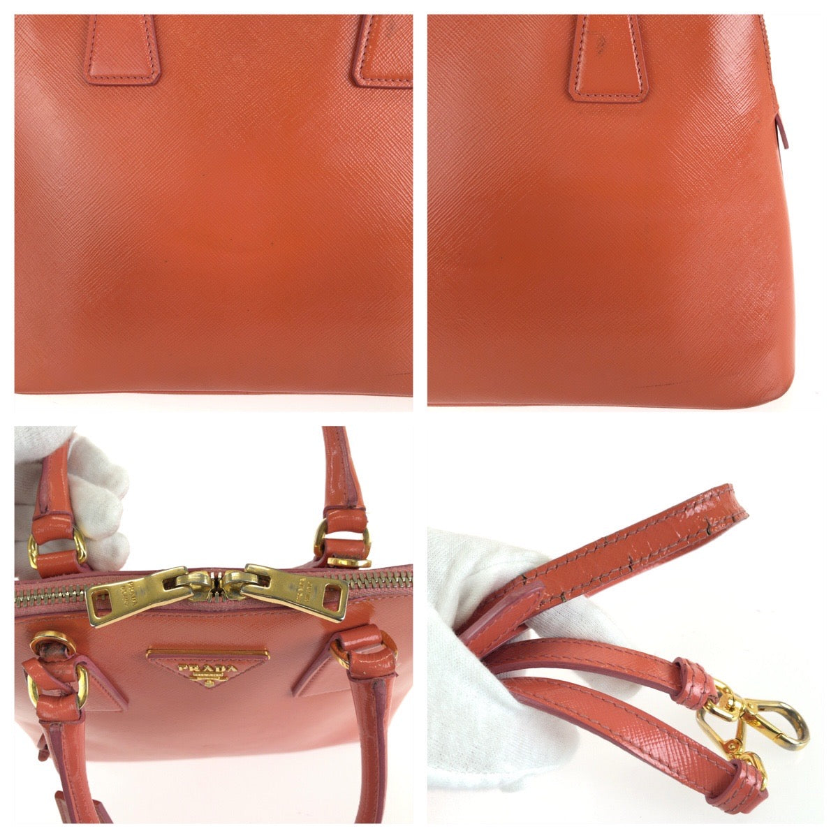 PRADA プラダ サフィアーノ 三角ロゴプレート 2way オレンジ ゴールド金具 レザー ハンドバッグ ショルダーバッグ レディース AB49