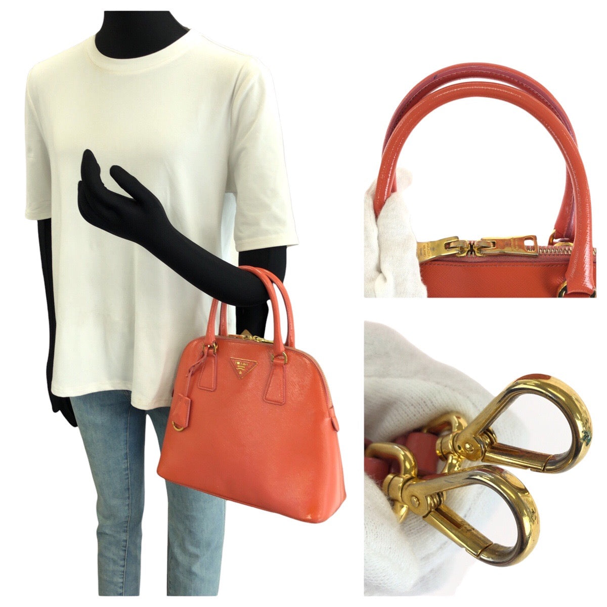 PRADA プラダ サフィアーノ 三角ロゴプレート 2way オレンジ ゴールド金具 レザー ハンドバッグ ショルダーバッグ レディース AB49