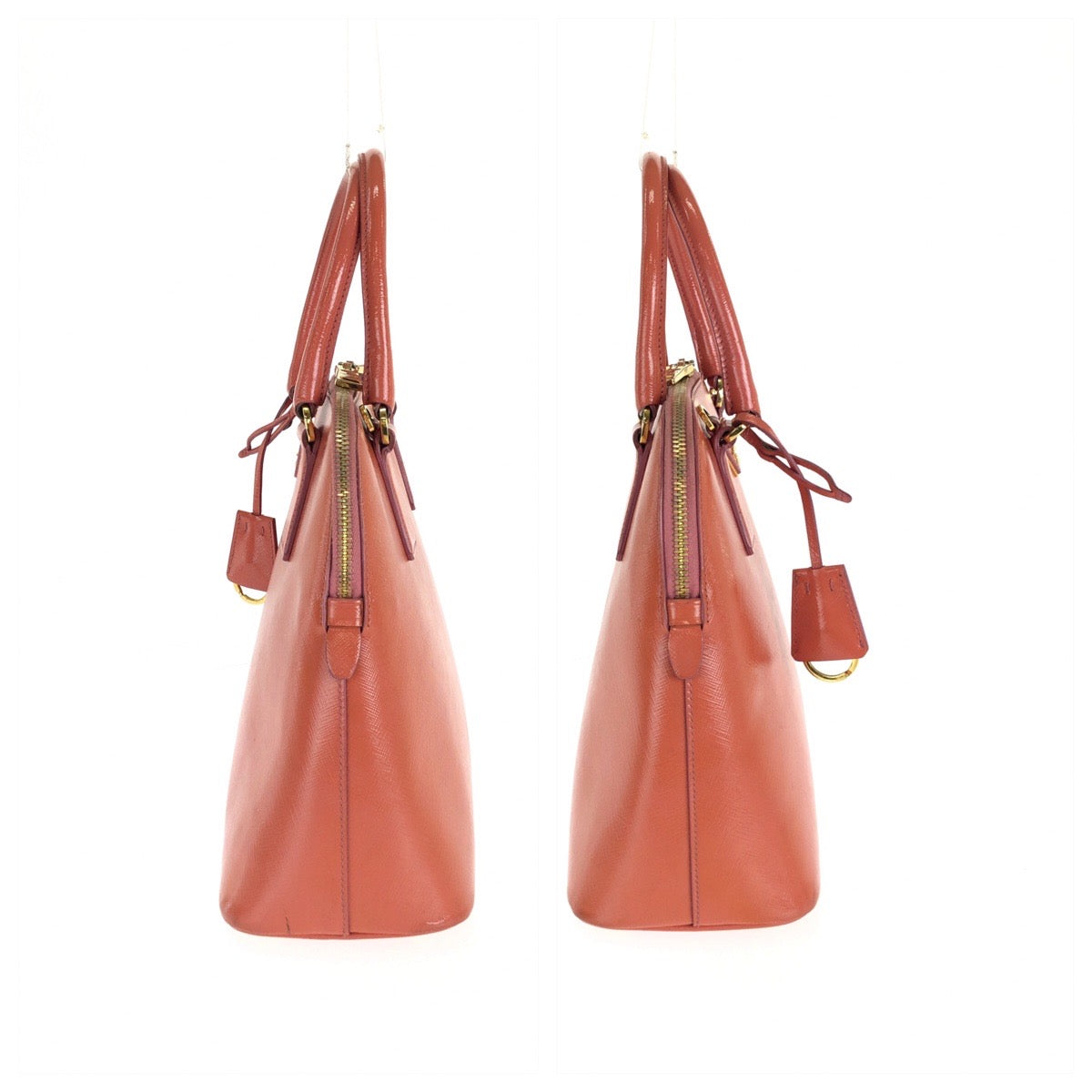 PRADA プラダ サフィアーノ 三角ロゴプレート 2way オレンジ ゴールド金具 レザー ハンドバッグ ショルダーバッグ レディース AB49