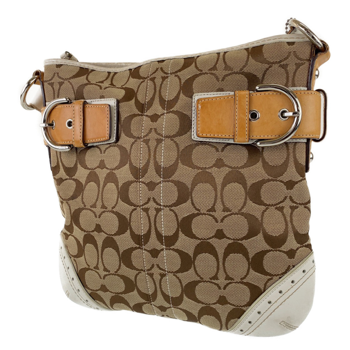 COACH コーチ シグネチャー ブラウン ホワイト キャンバス / レザー 斜め掛け ショルダーバッグ  レディース