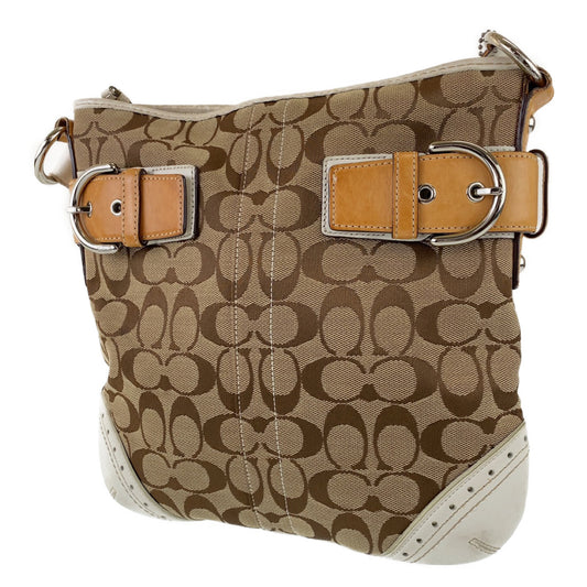 COACH コーチ シグネチャー ブラウン ホワイト キャンバス / レザー 斜め掛け ショルダーバッグ  レディース
