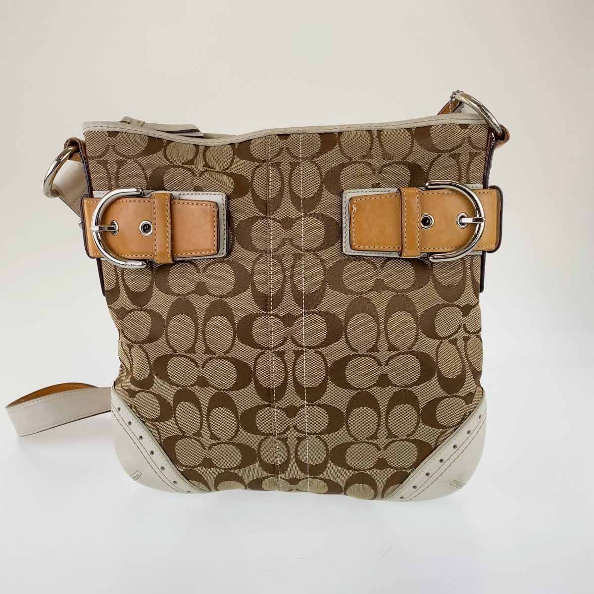 COACH コーチ シグネチャー ブラウン ホワイト キャンバス / レザー 斜め掛け ショルダーバッグ  レディース