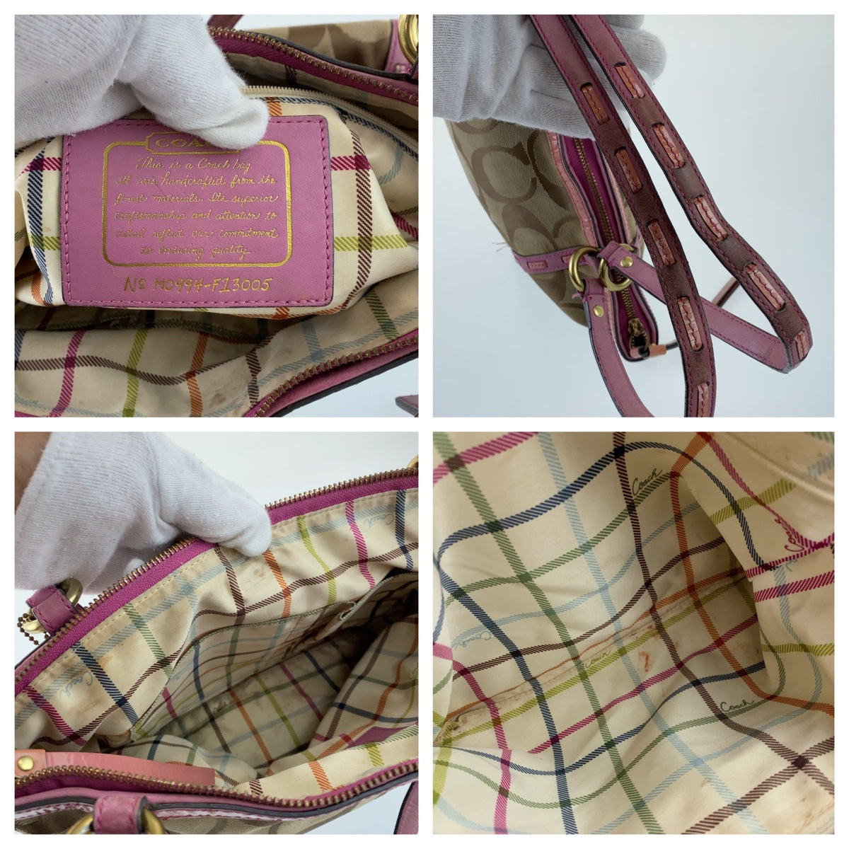 12759
COACH コーチ シグネチャー ブラウン ピンク レザー / キャンバス トートバッグ ショルダーバッグ  レディース